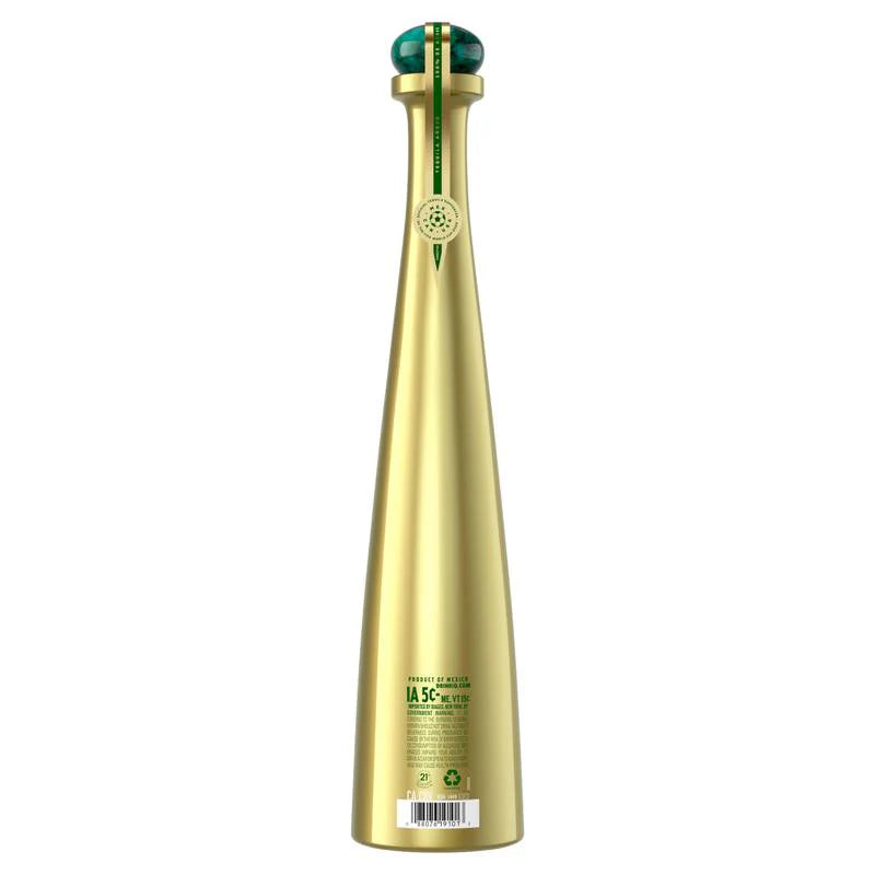 Gold bottle with green cap on a white background