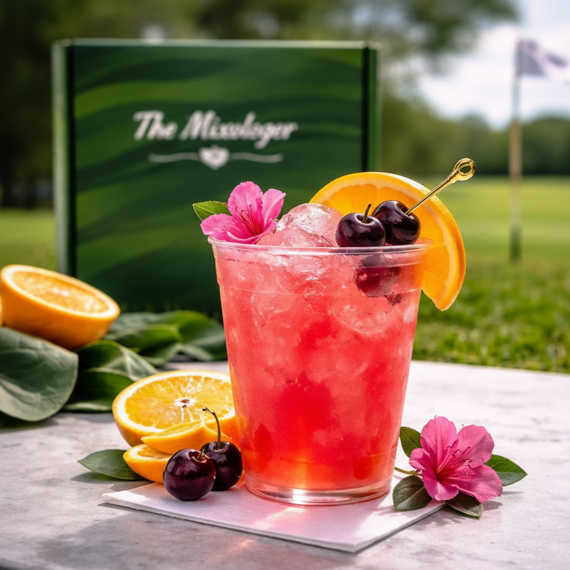 Pink Azalea cocktail garnished with orange and cherries, sitting on a golf course.