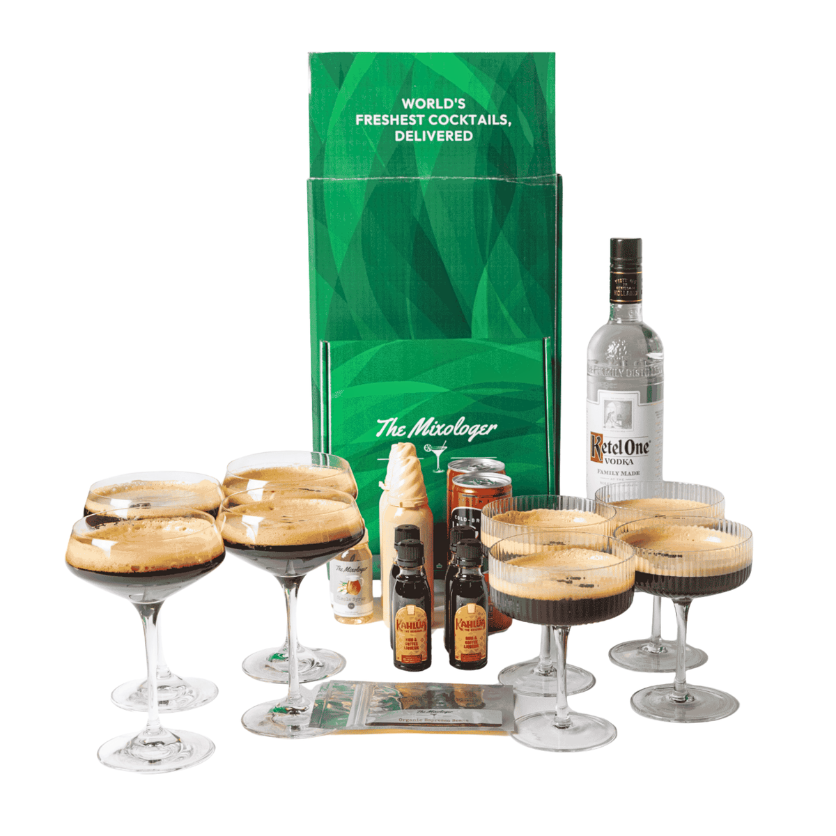Contents of Espresso Martini Kit with Finished Espresso Martinis